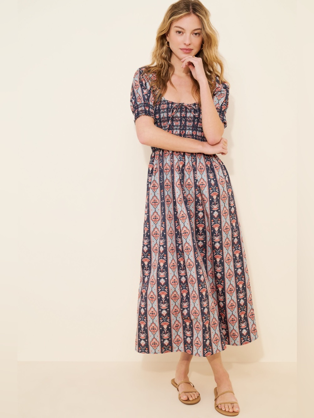 Hill House - Smocked Square-Neck Maxi Dress in Navy and Coral